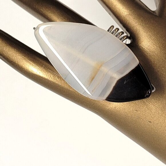 Banded White Black Agate Polished Ring Adjustable Band Semi Precious Ring - Picture 1 of 8